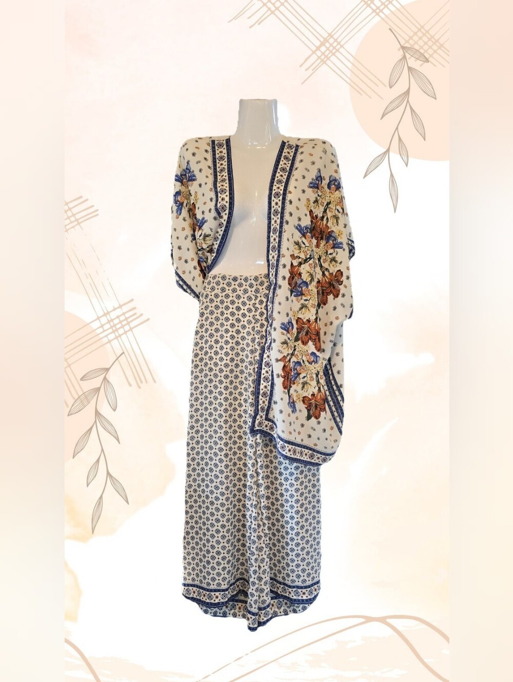 Blue & Cream Floral Shawl & Wide-Leg Pant Set โ Size M - Picture 1 of 9